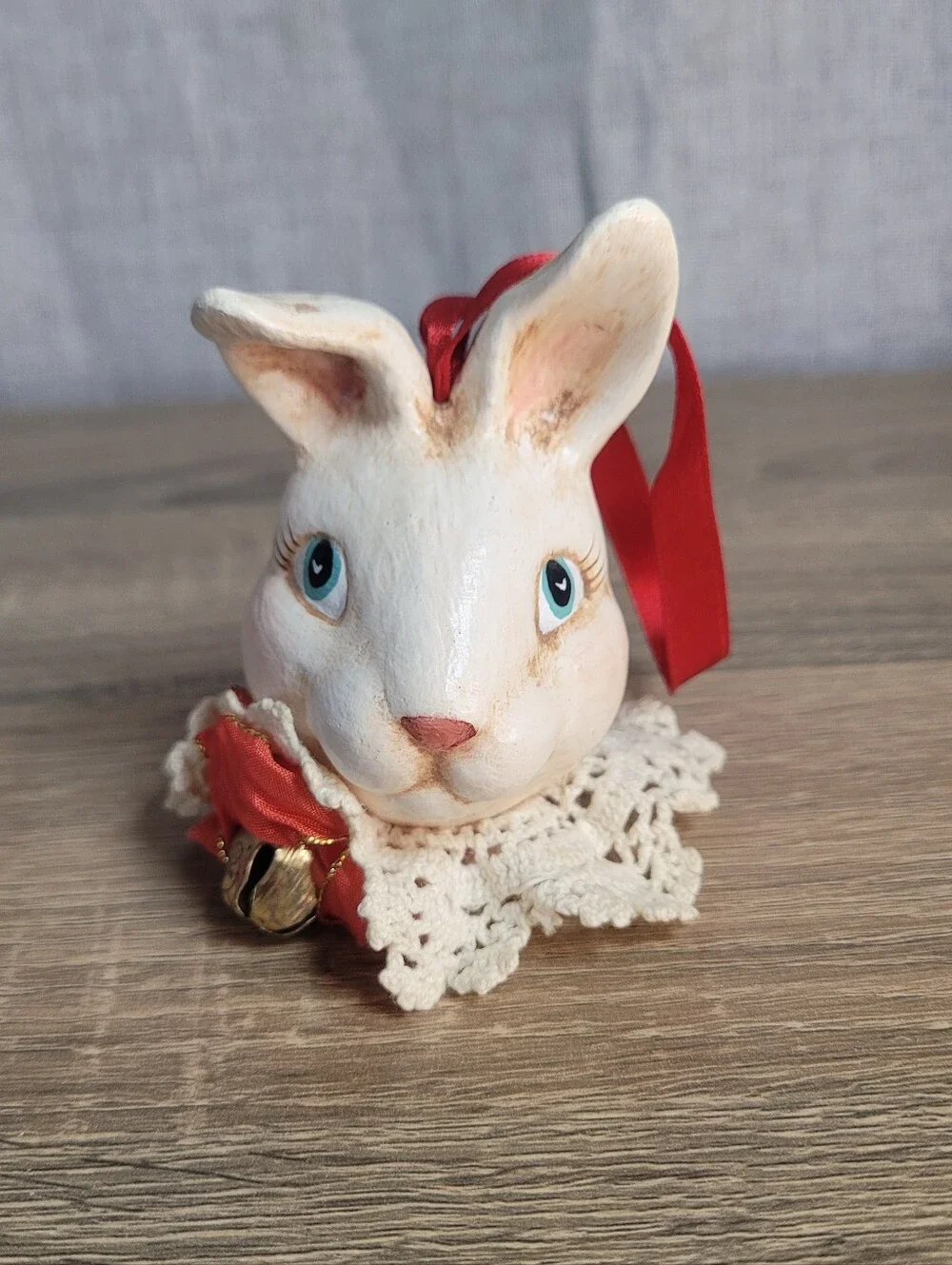Vintage Whimsical Hand-Painted Bunny Rabbit Ornament W/ Lace Collar Farmhouse